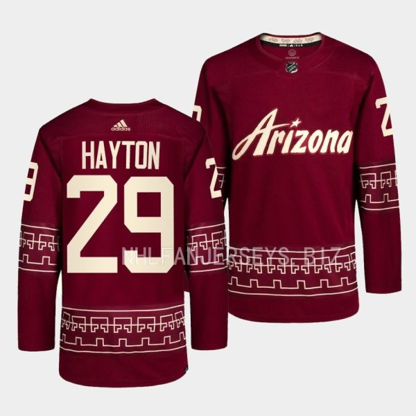 Arizona Coyotes Barrett Hayton 2022-23 Desert Night Alternate Garnet Jersey Arizona Coyotes Barrett Hayton 2022-23 Desert Night Alternate Garnet Jersey