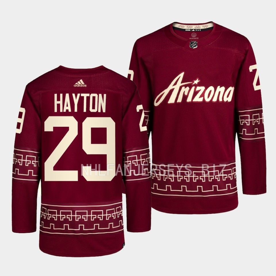 Arizona Coyotes Barrett Hayton 2022-23 Desert Night Alternate Garnet Jersey Arizona Coyotes Barrett Hayton 2022-23 Desert Night Alternate Garnet Jersey