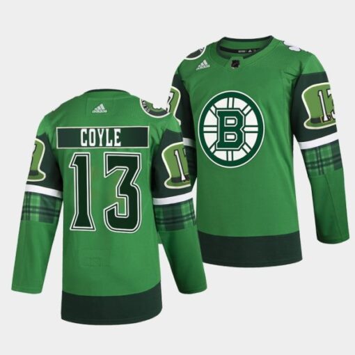 Boston Bruins Charlie Coyle 2022 St Patricks Day Green Warm-Up Jersey