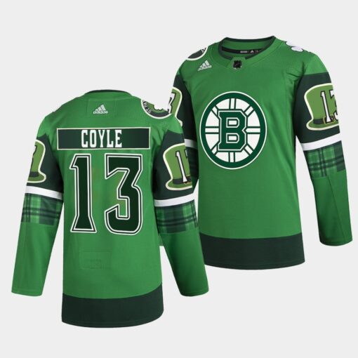 Boston Bruins Charlie Coyle 2022 St Patricks Day Green Warm-Up Jersey