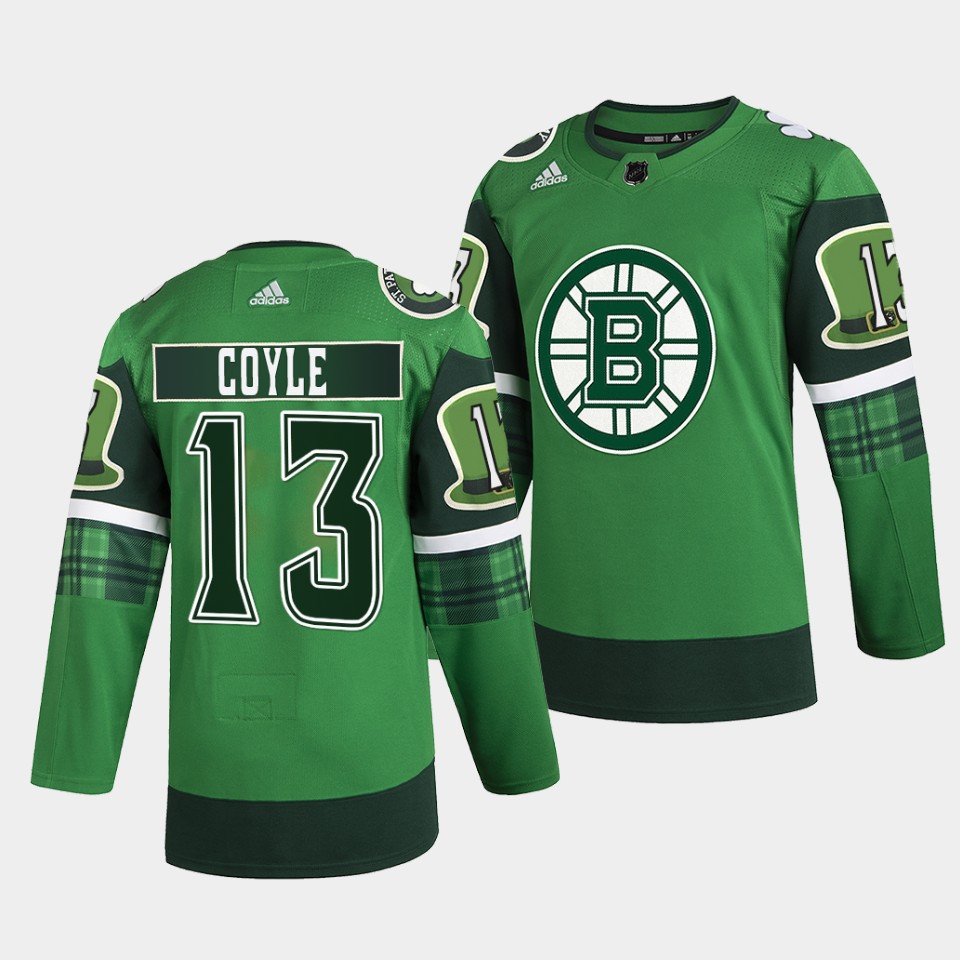 Boston Bruins Charlie Coyle 2022 St Patricks Day Green Warm-Up Jersey Boston Bruins Charlie Coyle 2022 St Patricks Day Green Warm-Up Jersey