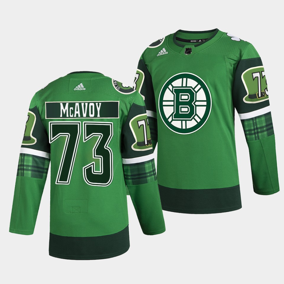 Boston Bruins Charlie McAvoy 2022 St Patricks Day Green Warm-Up Jersey Boston Bruins Charlie McAvoy 2022 St Patricks Day Green Warm-Up Jersey