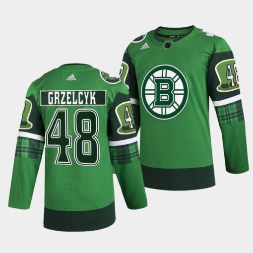 Boston Bruins Matt Grzelcyk 2022 St Patricks Day Green Warm-Up Jersey
