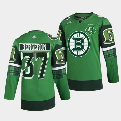 Boston Bruins Patrice Bergeron 2022 St Patricks Day Green Warm-Up Jersey