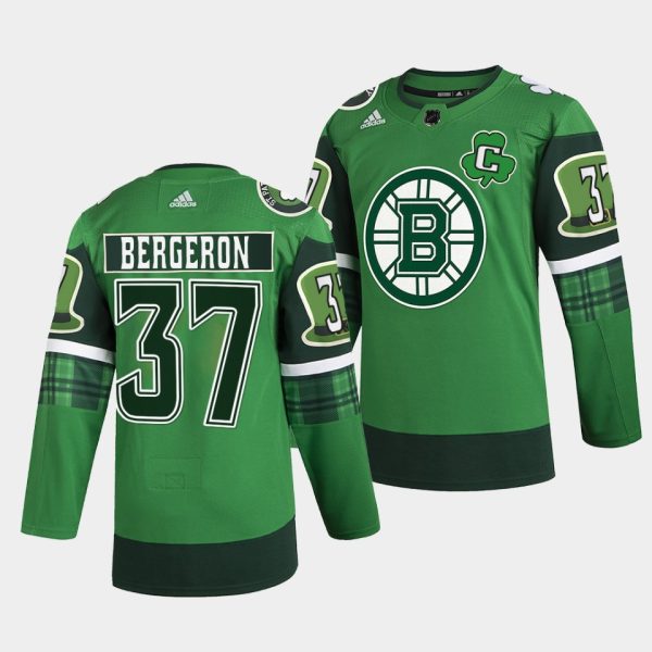 Boston Bruins Patrice Bergeron 2022 St Patricks Day Green Warm-Up Jersey Boston Bruins Patrice Bergeron 2022 St Patricks Day Green Warm-Up Jersey
