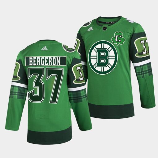 Boston Bruins Patrice Bergeron 2022 St Patricks Day Green Warm-Up Jersey