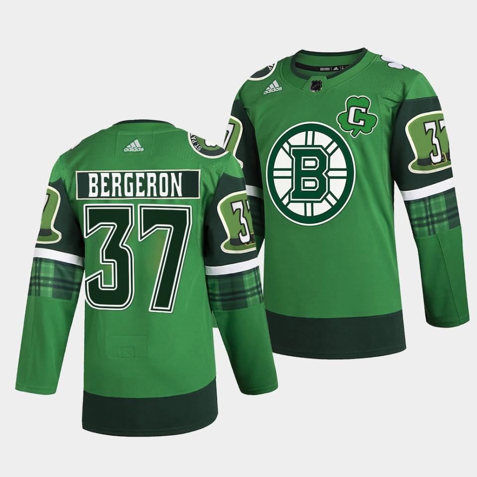 Boston Bruins Patrice Bergeron 2022 St Patricks Day Green Warm-Up Jersey Boston Bruins Patrice Bergeron 2022 St Patricks Day Green Warm-Up Jersey