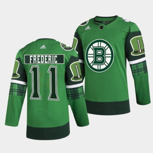 Boston Bruins Trent Frederic 2022 St Patricks Day Green Warm-Up Jersey