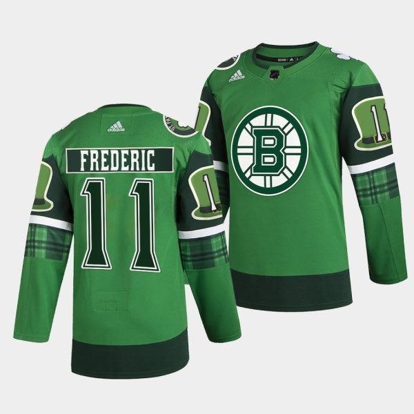 Boston Bruins Trent Frederic 2022 St Patricks Day Green Warm-Up Jersey Boston Bruins Trent Frederic 2022 St Patricks Day Green Warm-Up Jersey
