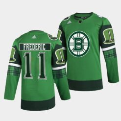 Boston Bruins Trent Frederic 2022 St Patricks Day Green Warm-Up Jersey