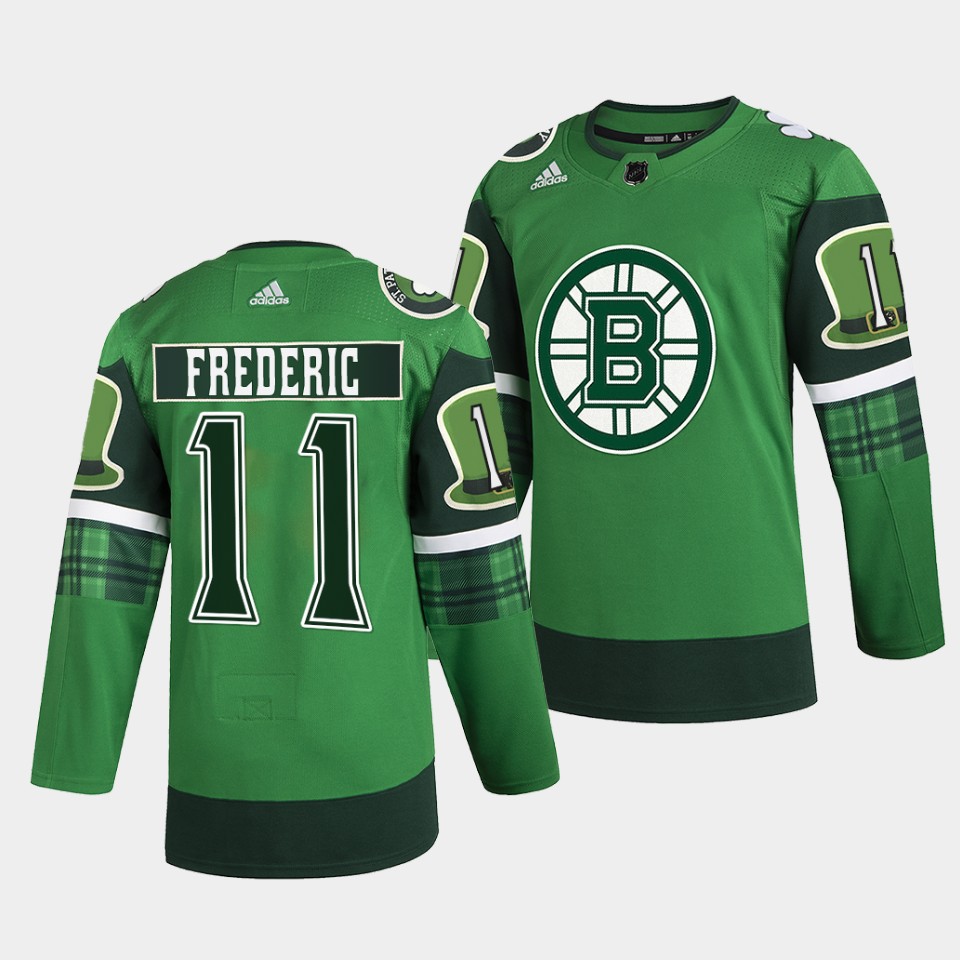 Boston Bruins Trent Frederic 2022 St Patricks Day Green Warm-Up Jersey Boston Bruins Trent Frederic 2022 St Patricks Day Green Warm-Up Jersey