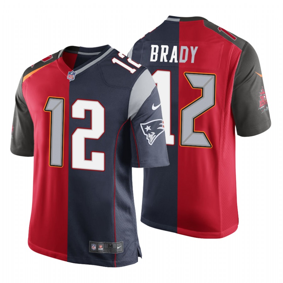 Buccaneers Patriots Tom Brady Split GOAT Red Jersey Buccaneers Patriots Tom Brady Split GOAT Red Jersey