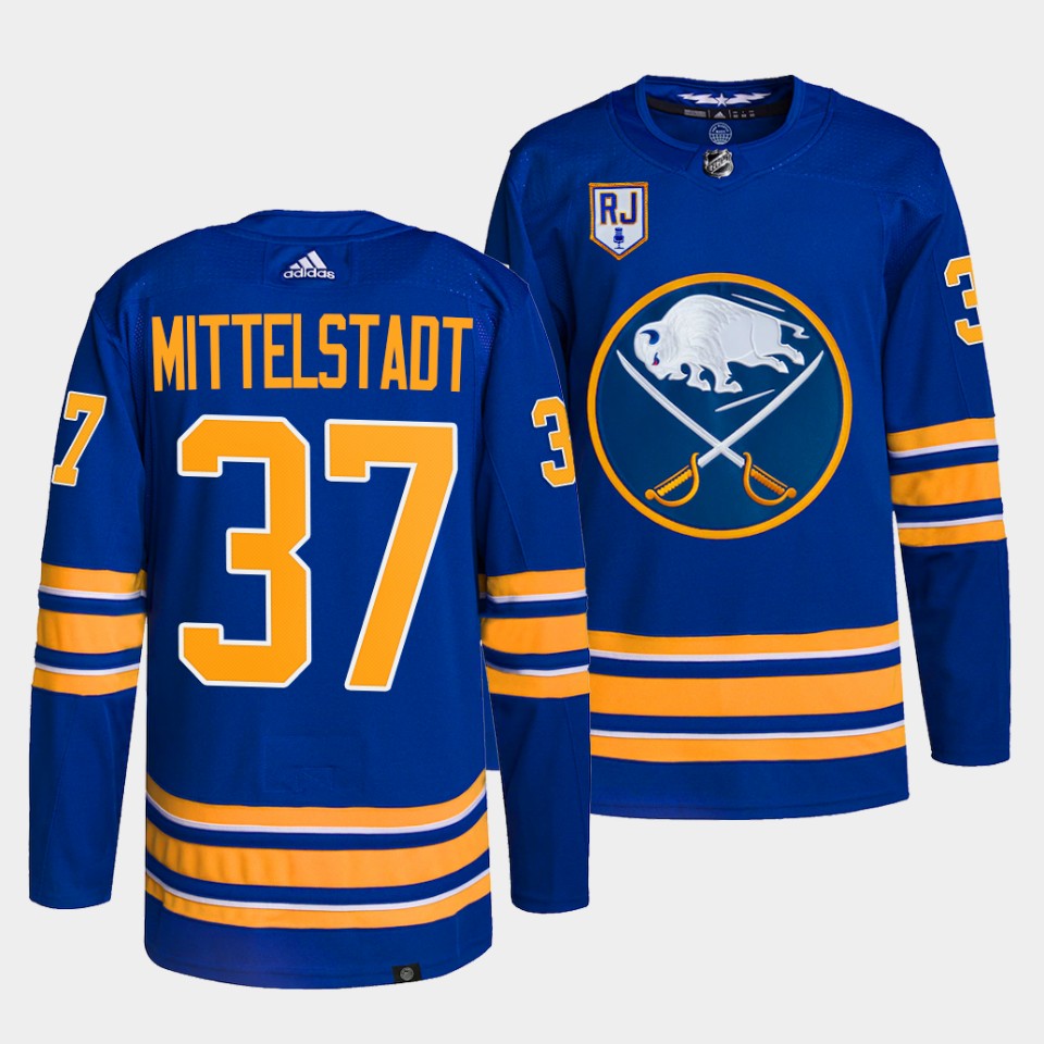 Buffalo Sabres Casey Mittelstadt Honor Rick Jeanneret patch Royal Jersey Buffalo Sabres Casey Mittelstadt Honor Rick Jeanneret patch Royal Jersey