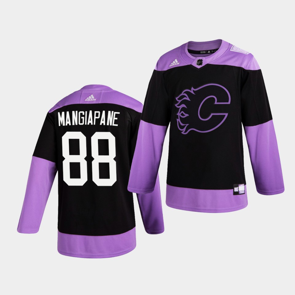 Calgary Flames Andrew Mangiapane HockeyFightsCancer Purple Jersey Calgary Flames Andrew Mangiapane HockeyFightsCancer Purple Jersey