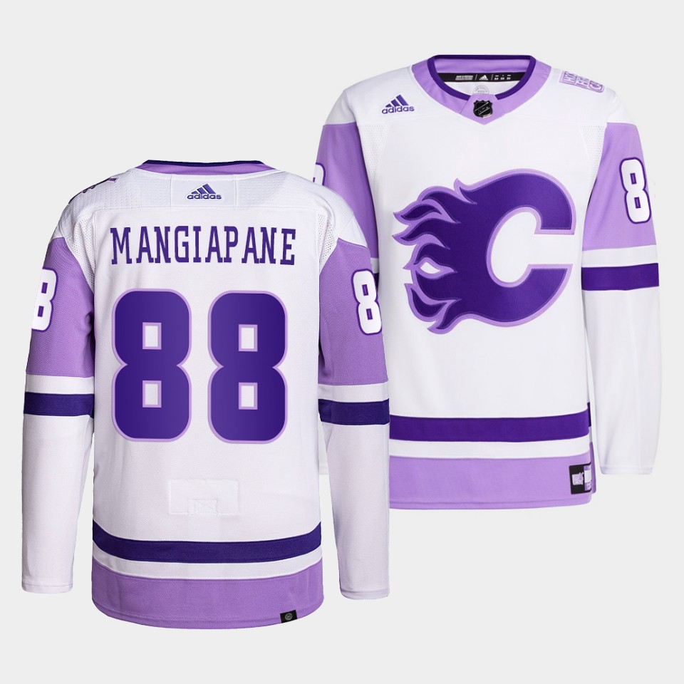 Calgary Flames Andrew Mangiapane HockeyFightsCancer White Jersey Calgary Flames Andrew Mangiapane HockeyFightsCancer White Jersey