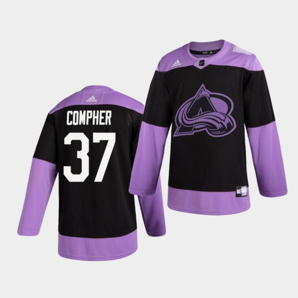 Colorado Avalanche J. T. Compher Hockey Fights Cancer Practice Black Jersey Colorado Avalanche J. T. Compher Hockey Fights Cancer Practice Black Jersey