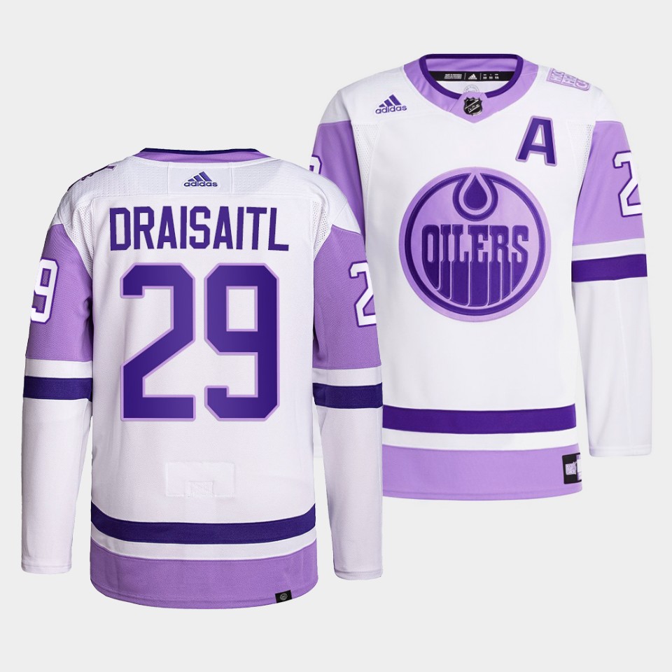 Edmonton Oilers Leon Draisaitl HockeyFightsCancer White Jersey Edmonton Oilers Leon Draisaitl HockeyFightsCancer White Jersey