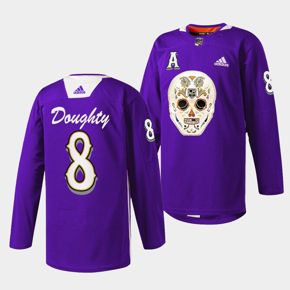 Los Angeles Kings Drew Doughty Dia De Los Metros Night Purple Sugar Skull Jersey Los Angeles Kings Drew Doughty Dia De Los Metros Night Purple Sugar Skull Jersey
