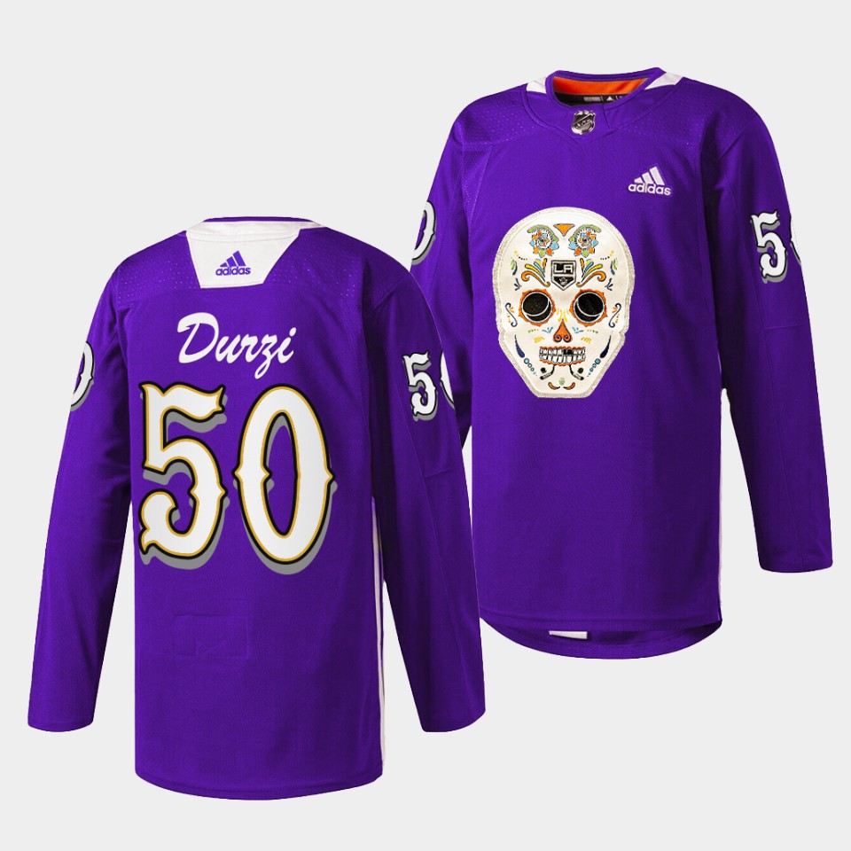 Los Angeles Kings Sean Durzi Dia De Los Metros Night Purple Sugar Skull Jersey Los Angeles Kings Sean Durzi Dia De Los Metros Night Purple Sugar Skull Jersey