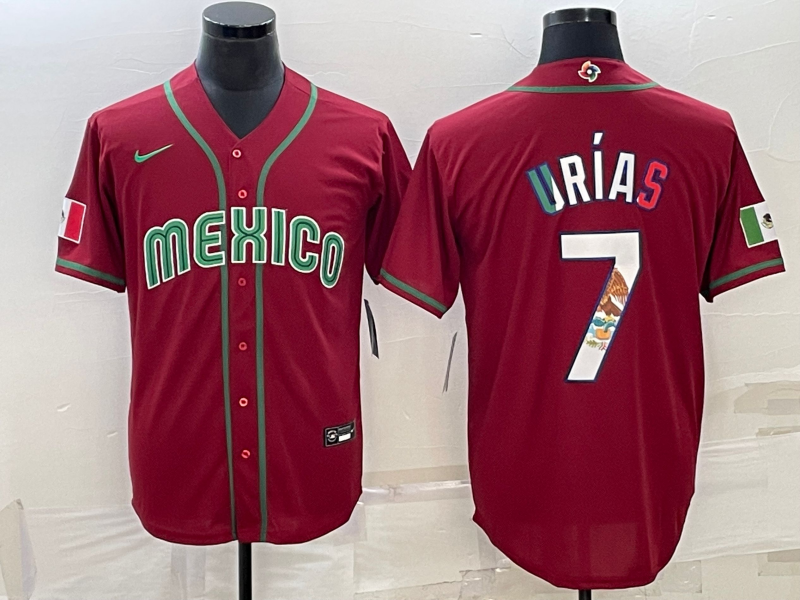 Mexico Julio Urias Red 2023 World Baseball Classic Jersey with Flag Mexico Julio Urias Red 2023 World Baseball Classic Jersey with Flag