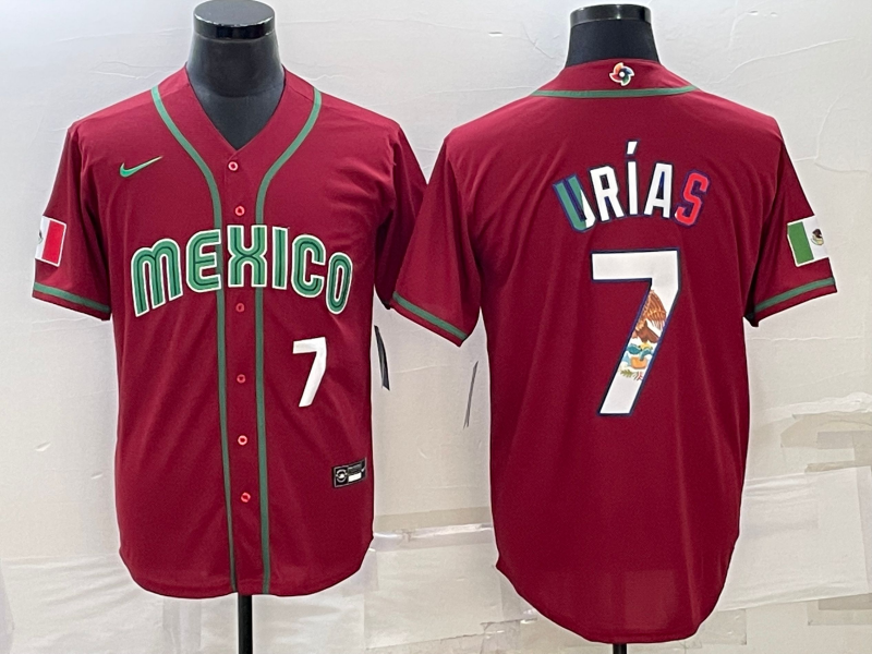 Mexico Julio Urias Red White 2023 World Baseball Classic Jersey with Flag Mexico Julio Urias Red White 2023 World Baseball Classic Jersey with Flag