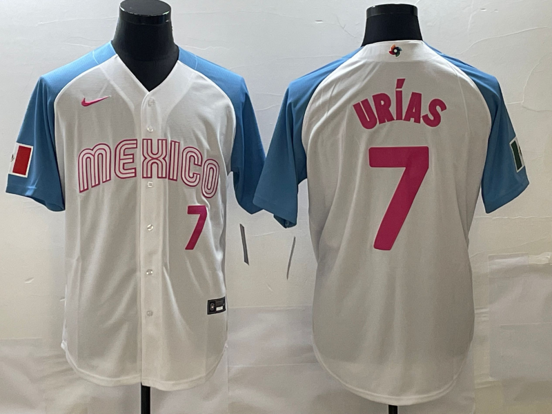 Mexico Julio Urias White Blue Pink Pink 2023 World Baseball Classic Jersey Mexico Julio Urias White Blue Pink Pink 2023 World Baseball Classic Jersey