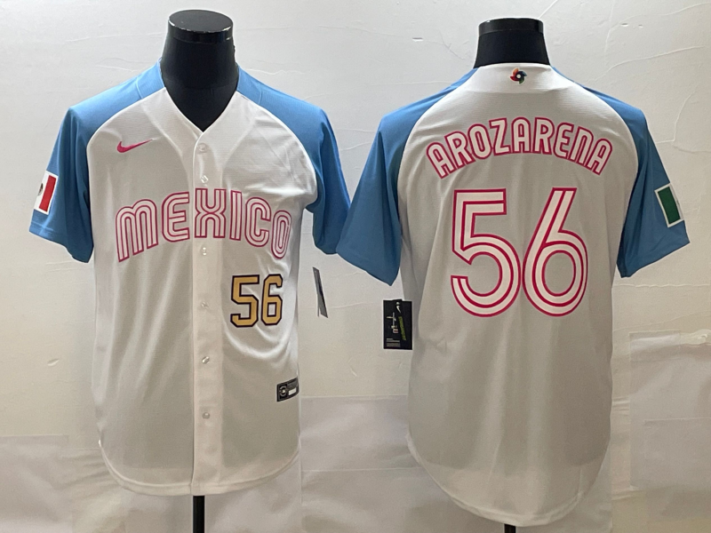 Mexico Randy Arozarena White Blue Gold Pink 2023 World Baseball Classic Jersey Mexico Randy Arozarena White Blue Gold Pink 2023 World Baseball Classic Jersey