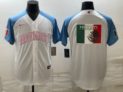 Mexico White Blue 2023 World Baseball Classic Jersey with Flag