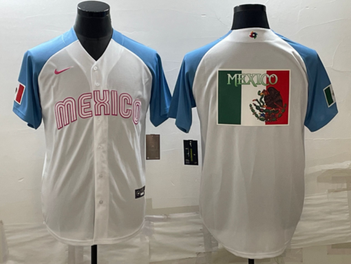 Mexico White Blue 2023 World Baseball Classic Jersey with Flag