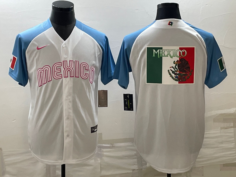 Mexico White Blue 2023 World Baseball Classic Jersey with Flag Mexico White Blue 2023 World Baseball Classic Jersey with Flag
