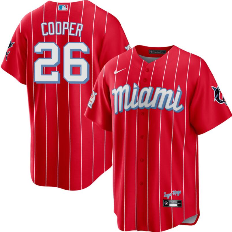 Miami Marlins Garrett Cooper Red 2021 City Connect Replica Jersey Miami Marlins Garrett Cooper Red 2021 City Connect Replica Jersey