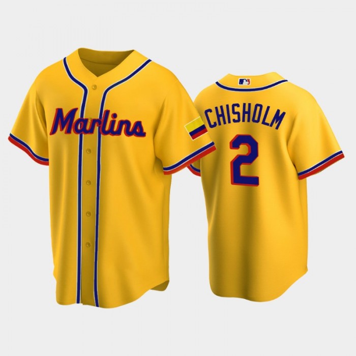 Miami Marlins Jazz Chisholm Jr Yellow 2022 Colombian Heritage Replica Jersey Miami Marlins Jazz Chisholm Jr Yellow 2022 Colombian Heritage Replica Jersey