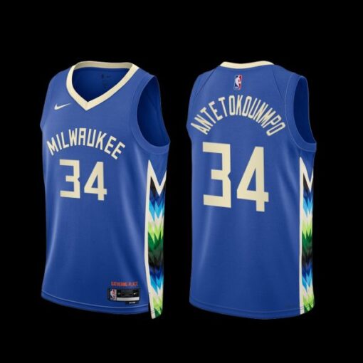 Milwaukee Bucks Giannis Antetokounmpo 2022-23 City Edition Jersey – Blue