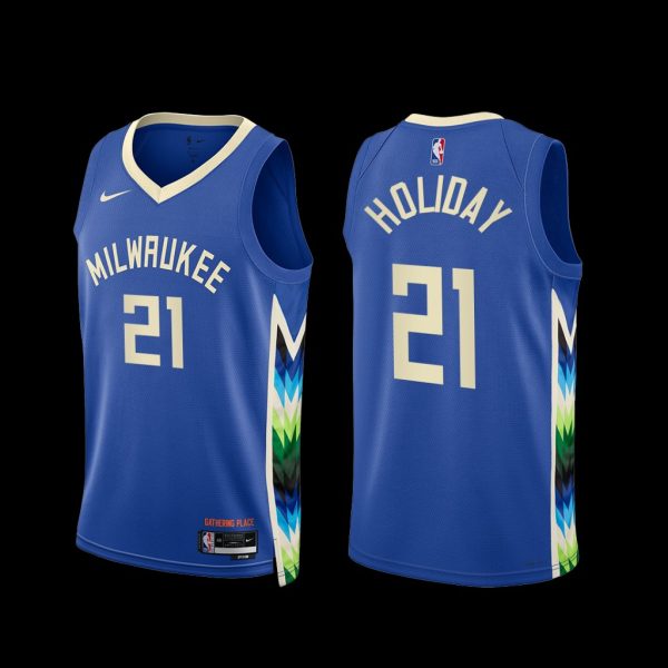Milwaukee Bucks Jrue Holiday 2022-23 City Edition Jersey Blue Milwaukee Bucks Jrue Holiday 2022-23 City Edition Jersey Blue