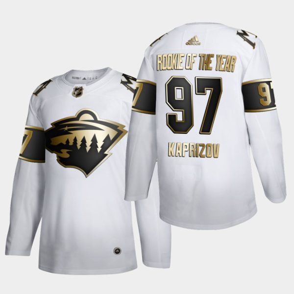 Minnesota Wild Kirill Kaprizov Rookie of the year Calder Trophy White Jersey Minnesota Wild Kirill Kaprizov Rookie of the year Calder Trophy White Jersey