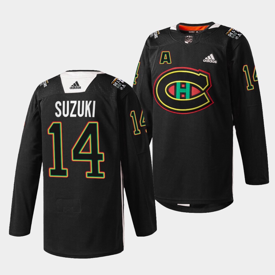 Montreal Canadiens Nick Suzuki Black History Night Black Chandail Jersey Montreal Canadiens Nick Suzuki Black History Night Black Chandail Jersey