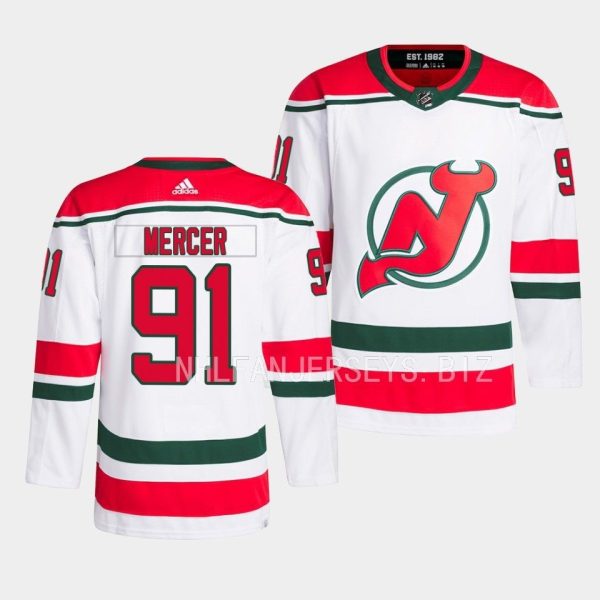 New Jersey Devils Dawson Mercer 2022-23 Heritage White Jersey New Jersey Devils Dawson Mercer 2022-23 Heritage White Jersey