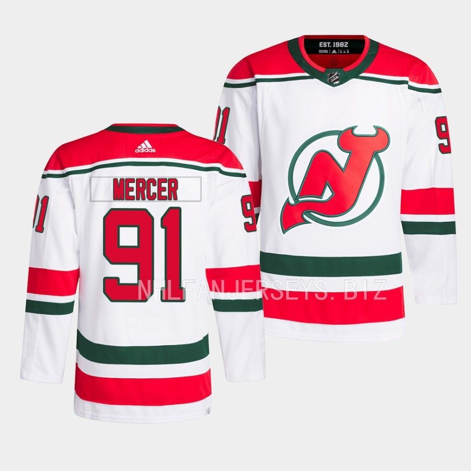 New Jersey Devils Dawson Mercer 2022-23 Heritage White Jersey New Jersey Devils Dawson Mercer 2022-23 Heritage White Jersey