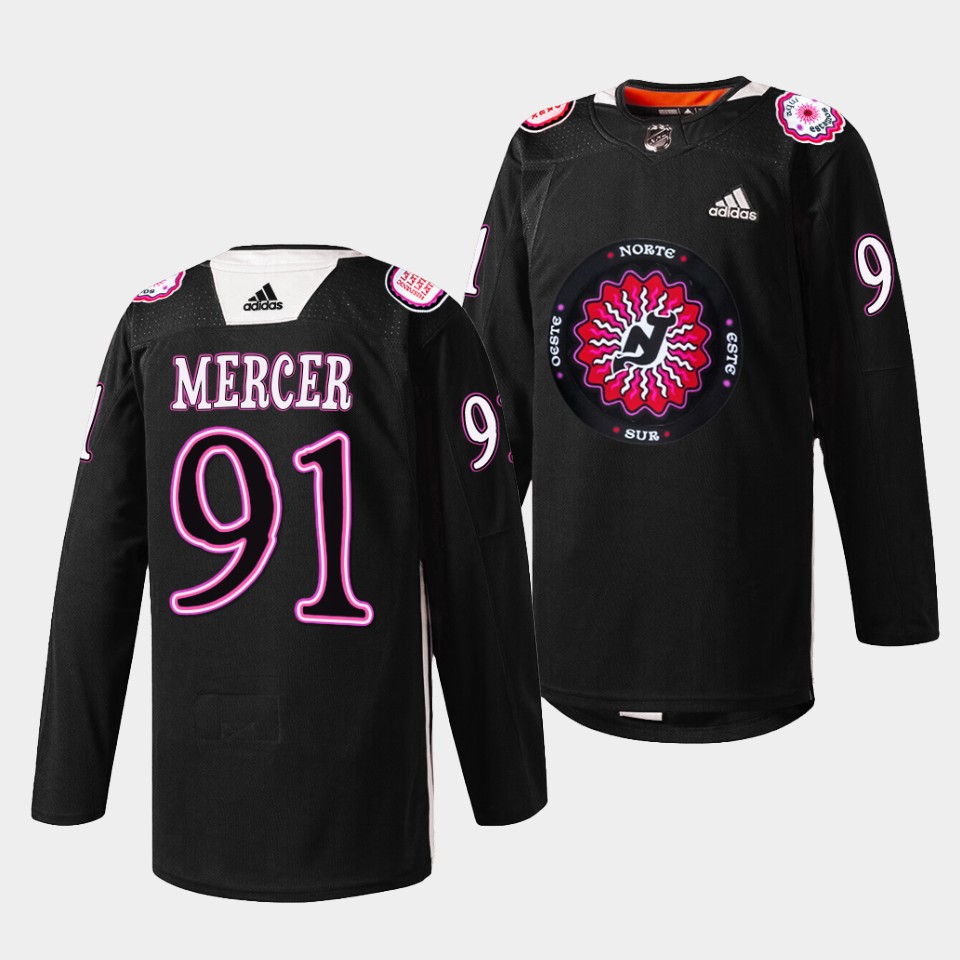 New Jersey Devils Dawson Mercer 2022 Hispanic Heritage Night Black Jersey New Jersey Devils Dawson Mercer 2022 Hispanic Heritage Night Black Jersey