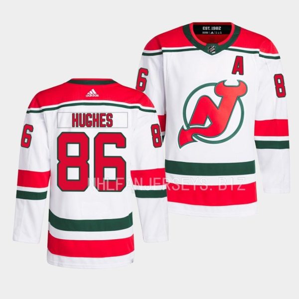 New Jersey Devils Jack Hughes 2022-23 Heritage White Jersey New Jersey Devils Jack Hughes 2022-23 Heritage White Jersey