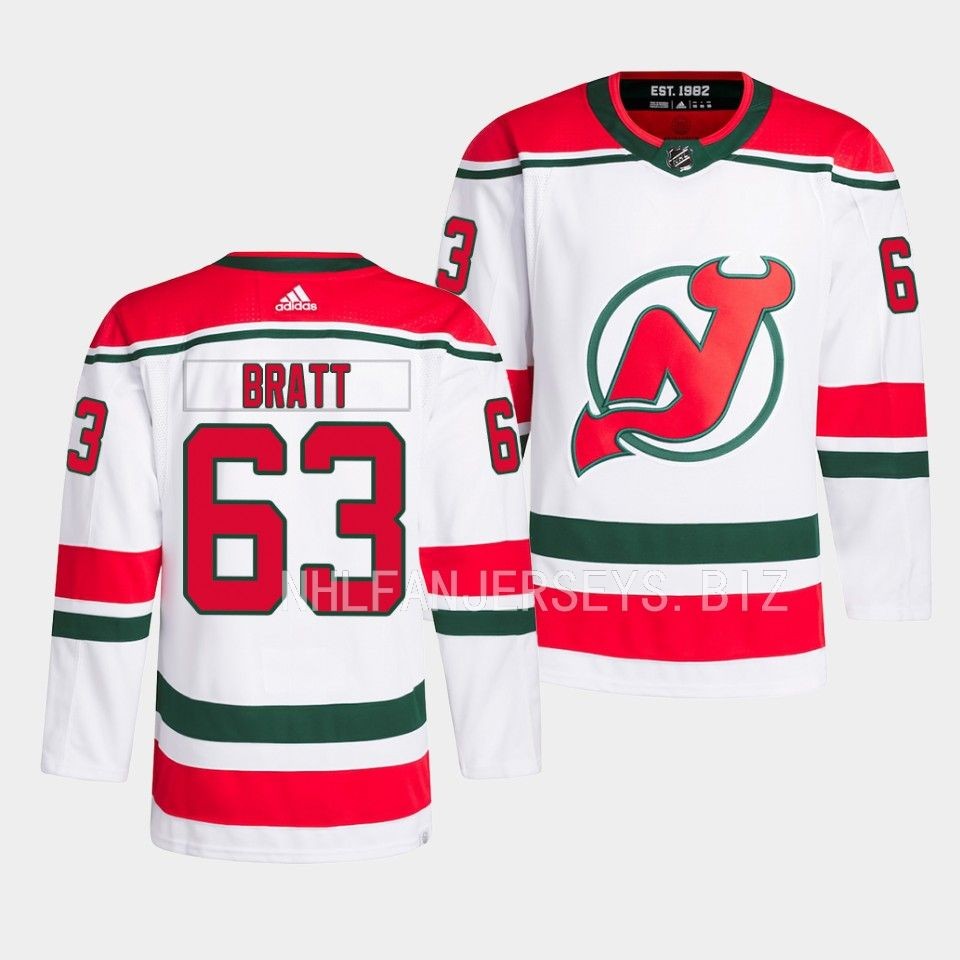 New Jersey Devils Jesper Bratt 2022-23 Heritage White Jersey New Jersey Devils Jesper Bratt 2022-23 Heritage White Jersey