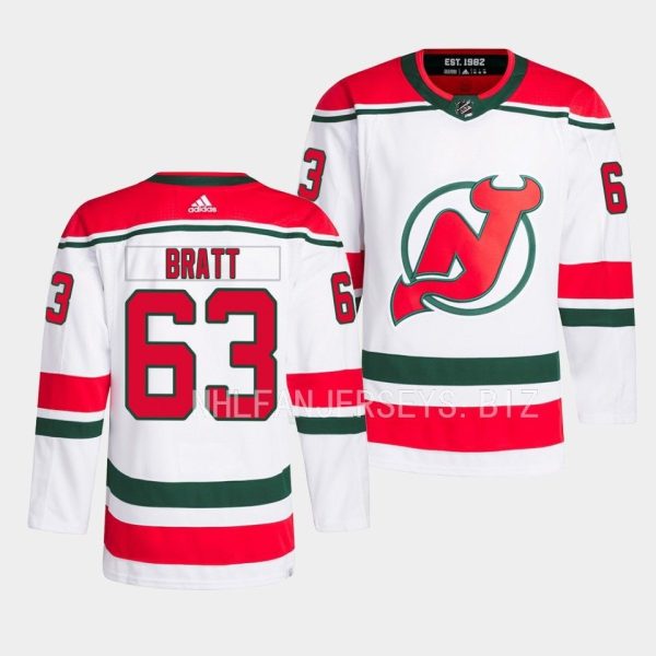 New Jersey Devils Jesper Bratt 2022-23 Heritage White Jersey New Jersey Devils Jesper Bratt 2022-23 Heritage White Jersey