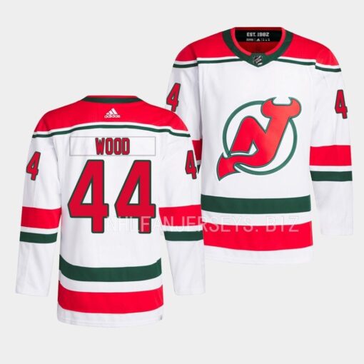 New Jersey Devils Miles Wood 2022-23 Heritage White Jersey