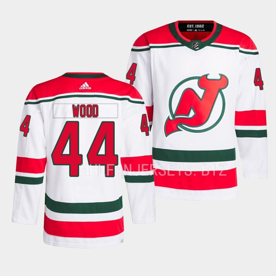 New Jersey Devils Miles Wood 2022-23 Heritage White Jersey New Jersey Devils Miles Wood 2022-23 Heritage White Jersey
