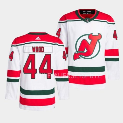 New Jersey Devils Miles Wood 2022-23 Heritage White Jersey