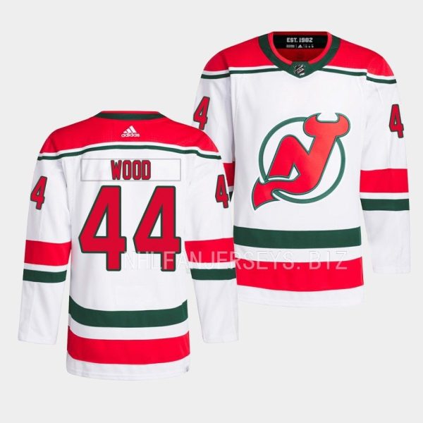 New Jersey Devils Miles Wood 2022-23 Heritage White Jersey New Jersey Devils Miles Wood 2022-23 Heritage White Jersey