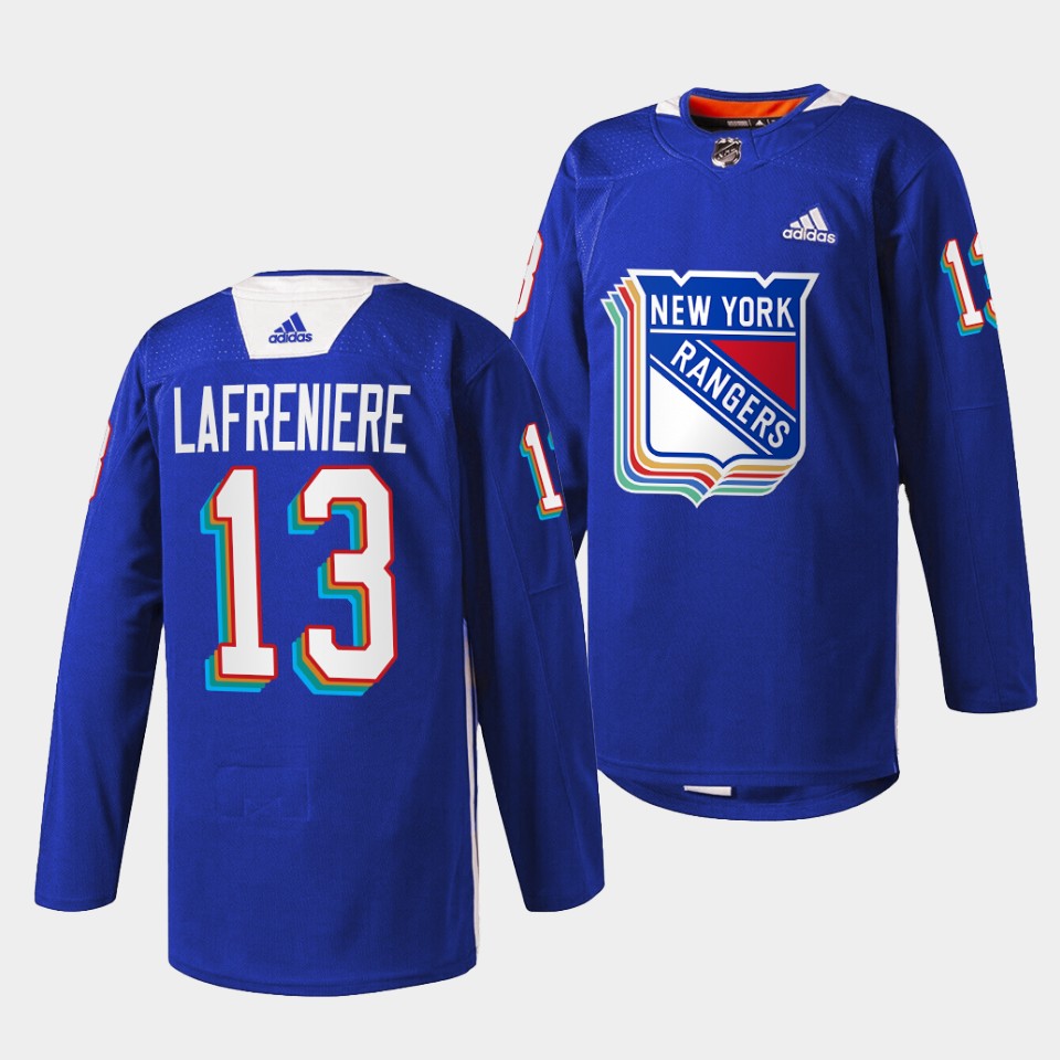 New York Rangers Alexis Lafreniere Pride Night #13 Royal Jersey Warmup New York Rangers Alexis Lafreniere Pride Night #13 Royal Jersey Warmup