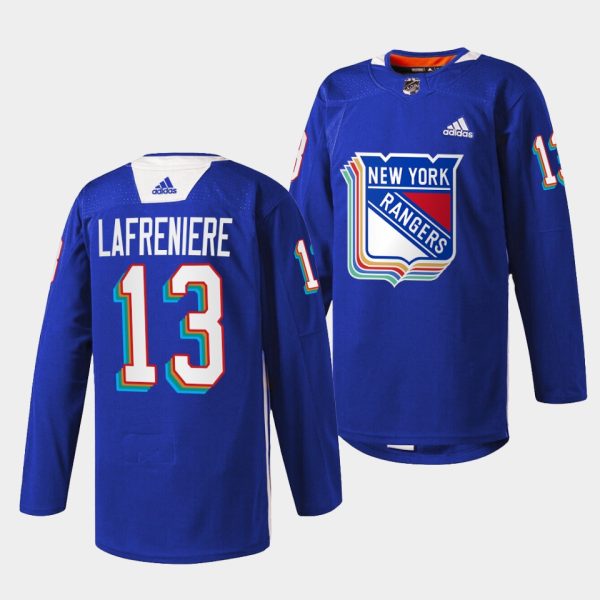 New York Rangers Alexis Lafreniere Pride Night #13 Royal Jersey Warmup New York Rangers Alexis Lafreniere Pride Night #13 Royal Jersey Warmup
