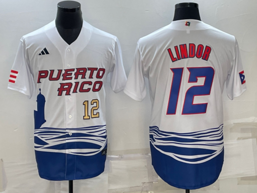 Puerto Rico Francisco Lindor White Gold Replica 2023 World Baseball Classic Jersey