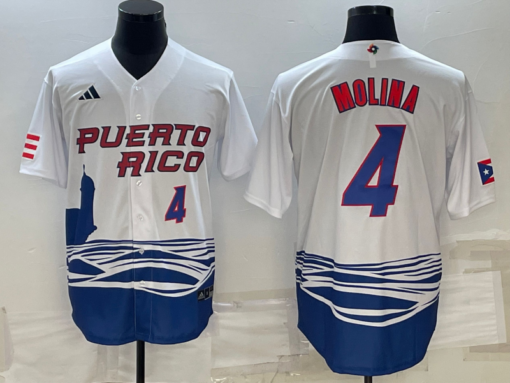 Puerto Rico Yadier Molina White Blue Replica 2023 World Baseball Classic Jersey